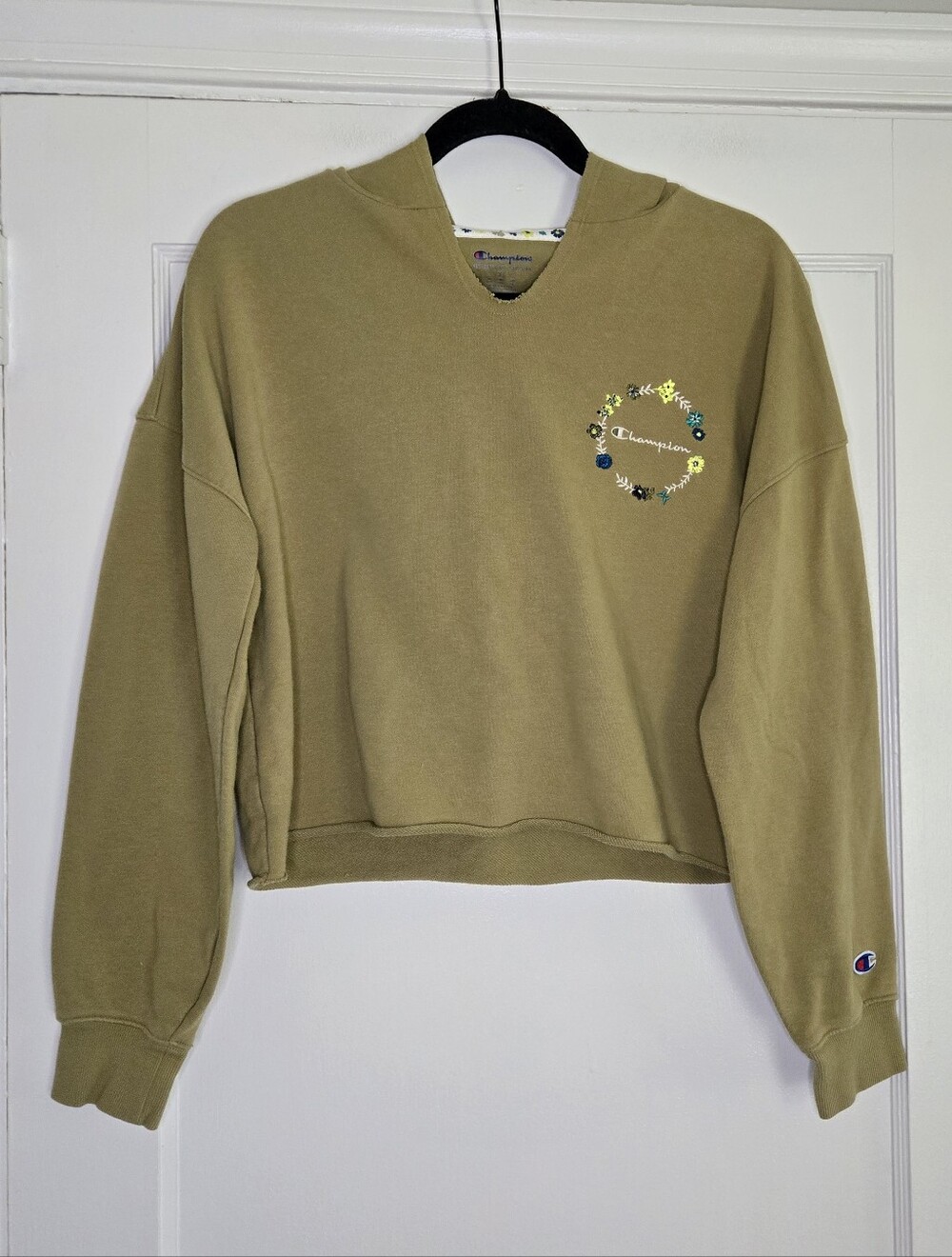 Champion Olive Green Cropped Oversized Hoodie with Floral Logo Women's X-Small
